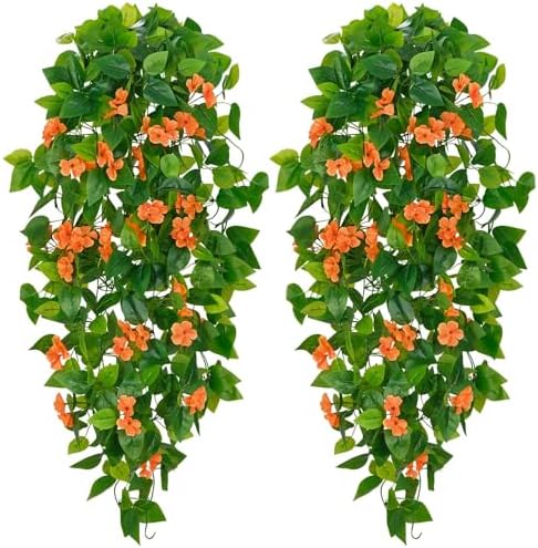 BLEUM CADE Artificial Hanging Flowers for Outdoors, 2pcs Fake Hanging Plants Pothos Vines with Orange Flowers for Wall Home Living Room Indoor Outdoor Fall Decor (No Baskets) by BLEUMCADE