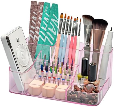 CGBE Nail Drill Holder, 28 Holes Transparent Nail Desk Organizer - Pink by CGBE