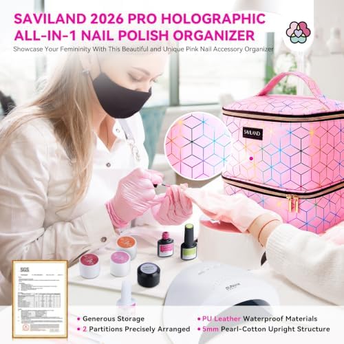 SAVILAND PU Leather Nail Polish Organizer Bag for Nail Tech, Pink - Image 2