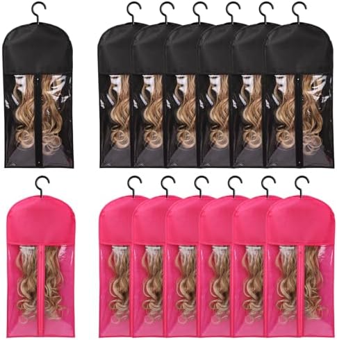 12PCS Wig Bag Hair Extension Holder Wig Storage Wig Holder for Multiple Wigs Hair Extension Hanger Hair Extension Storage Wig Organizer for Multiple Wigs (6PCS BLACK &6PCS HOT PINK) by AIHOPESTO
