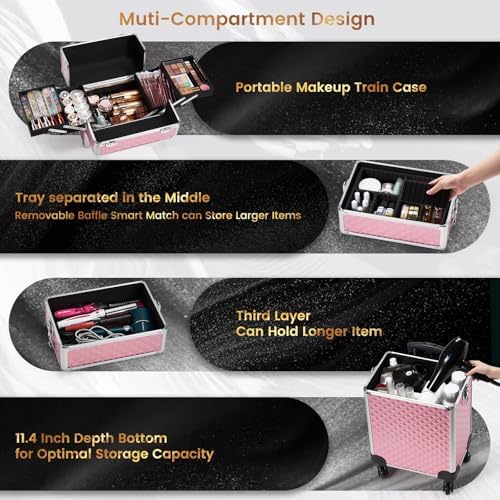 Stagiant Rolling Makeup Train Case Cosmetology Case on Wheels 4 in 1 Large Cosmetic Organizer Box Makeup Travel Case with Key Swivel Wheels Nail Artist Salon Storage Traveling Cart Big Trunk Pink - Image 3