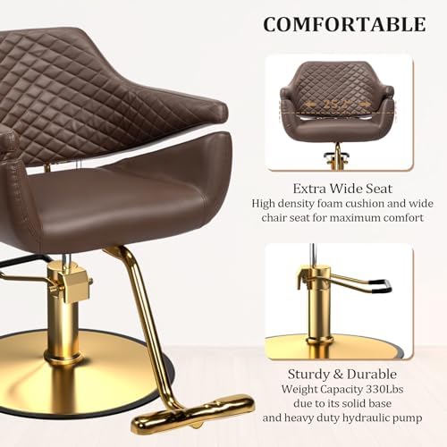 OmySalon Barber Chairs for Barbershop Dark Brown and Gold Styling Chair, Salon Chair for Hair Stylist Heavy Duty Hydraulic Pump, 360°Swivel with Footrest, Hairdressing Beauty Spa Braiding Equipment - Image 4