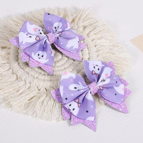 Glitter Halloween Hair Bows for Girls,2 Pack 3.5in Purple Ghost Print Grosgrain Ribbon Bow Clips Alligator Pins for Toddler Kids Teens Women Trick or Treat Gift Party Wear Dress Accessory - Image 2