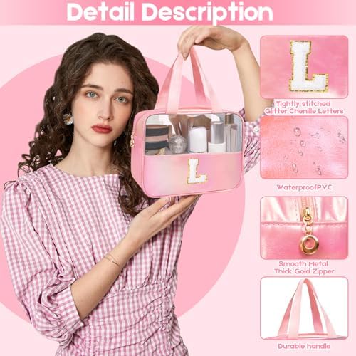 Initial Clear Makeup Bag Personalized Pink Clear Cosmetic Bag, Cute Large Make Up Bags Organizer Bag, Travel Toiletry Bag for Women Girl Gifts C (Pink) - Image 3