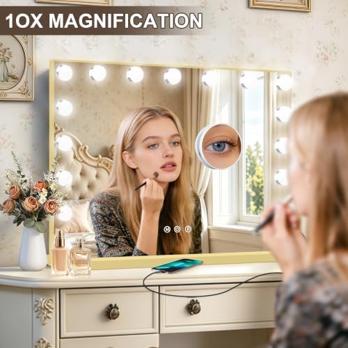 Ratsamee Gold Hollywood Vanity Mirror with Lights, 17 Dimmable Bulbs, 3 Color Lights,Make Up Lighted Mirror, Aluminum Metal Frame, USB Charging Port（28" x 20"） - Image 6