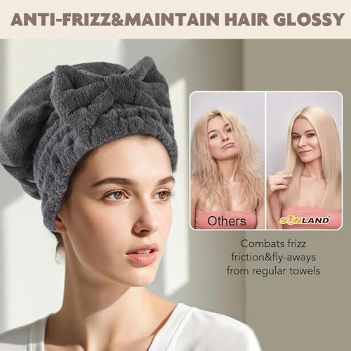 SUNLAND Large Microfiber Hair Drying Caps with Bow Knot 2 Pack Grey - Image 4