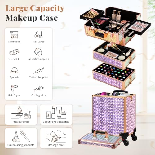 AROUS 5 in 1 Rolling Makeup Train Case with Lid Cosmetology Case on Wheels - Image 4