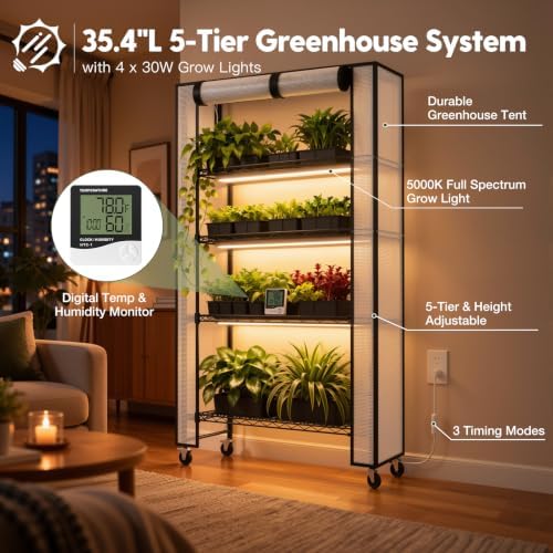FREELICHT Indoor Greenhouse with Grow Light, 5-Tier 4×30W, 35.4x13.8x61.5IN - Image 2