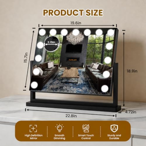 Vanity Mirror with Lights, 23"×19" Hollywood Makeup Mirror with 15 Dimmable Bulbs, 3-Color Lighting, Dimmable, 360° Rotation, 10x Magnification, Desk Mirror, Bedroom (Black) - Image 2
