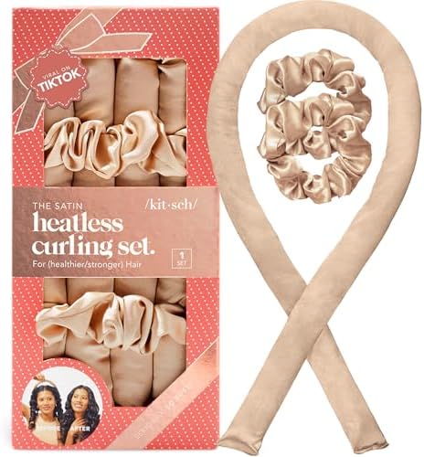 Kitsch Satin Heatless Hair Curler Set - Heatless Curls Overnight, Hair Rollers for Soft Curls & Frizz-Free Styling, No Heat Curlers To Sleep in, Curling Rod Headband with 2 Scrunchies - Champagne by Kitsch
