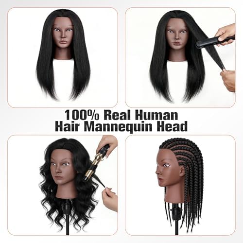 Mannequin Head with 100% Human Hair,TopDirect 16"Real Hair Cosmetology Mannequin Manikin Head Hair Styling Hairdressing Practice Training Doll Head with Clamp Holder and Tools (Black) - Image 2