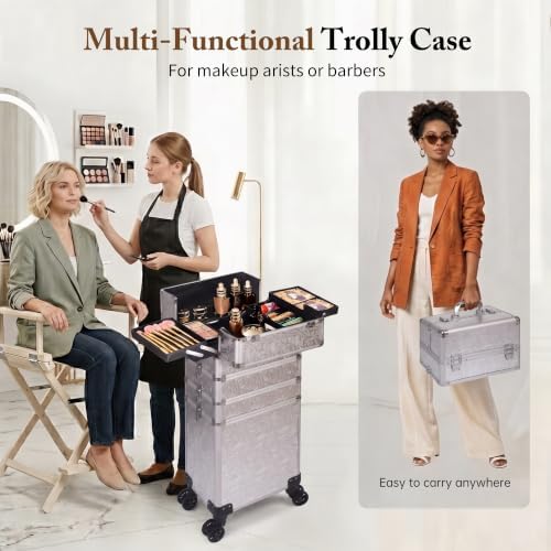 5 in 1 Rolling Makeup Train Case Professional Cosmetic Trolley Large Storage Organizer on Wheels for Hairstylist Artist Nail Beauty Salon Barber Silver - Image 7