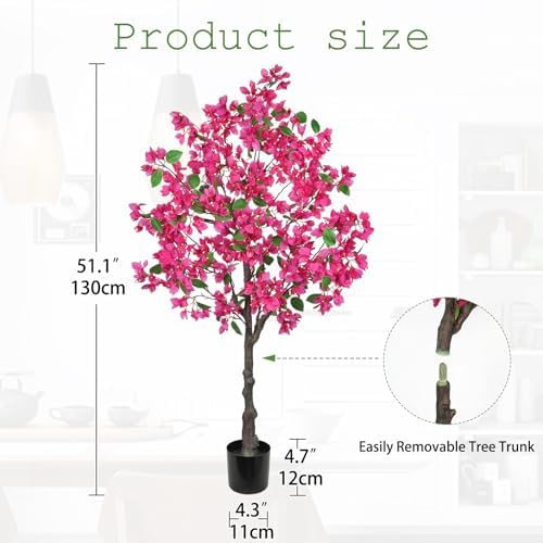 Briful Artificial Bougainvillea Tree in Black Pot 51.1" Tall Faux Silk Bougainvillea Floral Tree with Realistic Trunk Pink Fake Bougainvillea Plant for Home Office Living Room Bedroom Décor - Image 2