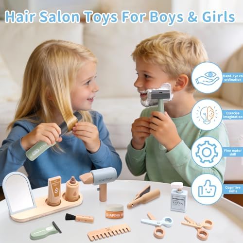 FIIOEOY Wooden Barber Shop Pretend Play Set, Kids Hair Salon Toys Shaving Kit with Blow Dryer, Comb, Shaver, Haircut Role Play Barber Accessories Gift for 3 4 5 Year Olds Boys Girls - Image 5