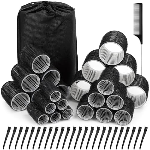50 Pcs Rollers Hair Curlers Set with 24Pcs Self Grip Hair Rollers 4 Sizes and 24 Pcs Clips for Blowout Look Long Medium Short Thick Hair Volume by selizo