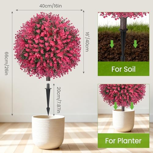 Artificial Red Eucalyptus Topiary Ball Tree, Set of 2 Fake Boxwood Bushes Shrubs with Ground Spike, UV Resistant Faux Evergreen Trees Ball for Front Porch Planters Outdoor Garden Decor - Image 3