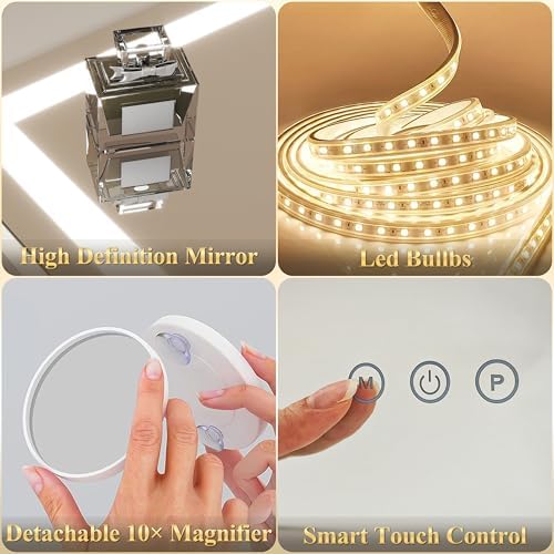 FENNIO Vanity Mirror with Lights 22''x18'' Makeup Mirror with Lights,Lighted Makeup Mirror with 10X Magnification and USB，Smart Touch Screen with 3-Color Lighting,Dimmable（Square White） - Image 6