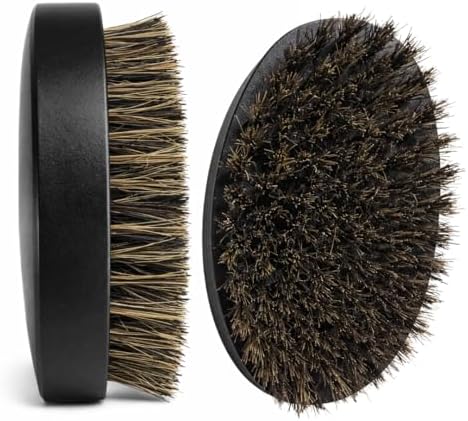 Beard Brush for Men, Natural Boar Bristles, Black Oval Wave Brush, Warp Resistant Wood Handle, for Fuller Thicker Hair, Beard & Mustache Growth, Exfoliation (Black 2) by EssentialAura