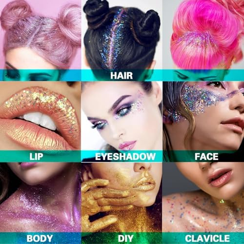 MEICOLY Lime Green Body Glitter for Halloween St Patricks Day, Holographic Game Day Spirit Day Face Glitter,Self-Adhesive Light Green Hair Glitter,Chunky Glitter Face Paint for Party Festival - Image 6