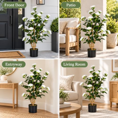 2 Pack 3FT Artificial Camellia Trees in Pots, White Flowers - Image 5