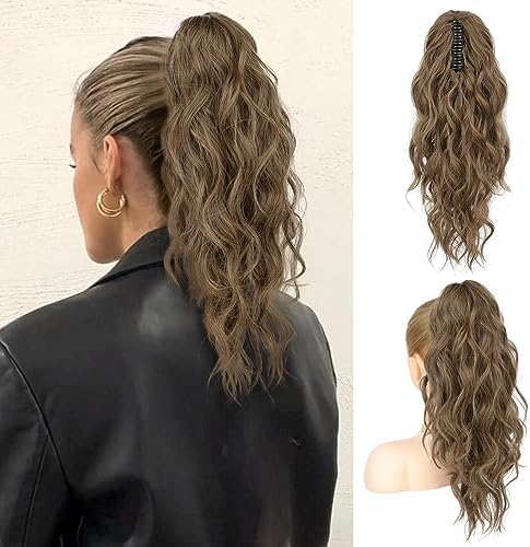 Flufymooz Ponytail Extension, 18 Inch Claw Clip Ponytail Extension, Wavy Curly Claw Clip in Ponytail Hair, Natural Fake Ponytail Synthetic Hairpiece for Women (Dark Ash Blonde with Highlights) by Flufymooz