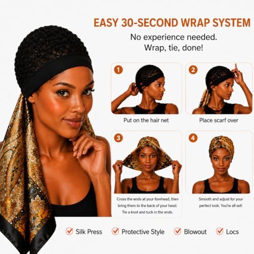 2 in 1 Wrap Cap Hair Net and Scarf for Silk Press, Satin Wrap Cap Bonnet for Women, Adjustable Stay-On Sleep Hair Net Scarf for All Hair Types - Image 6
