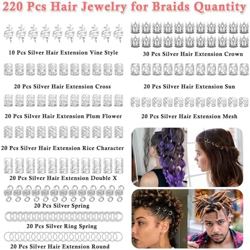 Lucomb 220 Pcs Silver Hair Jewelry for Braids, Loc Jewelry for Hairs Dreadlock, Hairs Charms for Women, Metal Braid Rings Cuffs Clips for Dreadlock Accessories Hair Braids Accessories Decorations - Image 3