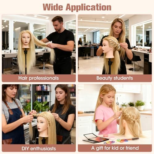 80% Mannequin Head Human Hair,26"Real Hair Cosmetology Mannequin Manikin Head Hair Styling Hairdressing Practice Training Doll Head with Clamp Holder and Tools(Blonde Hair Brown Eyes) - Image 5