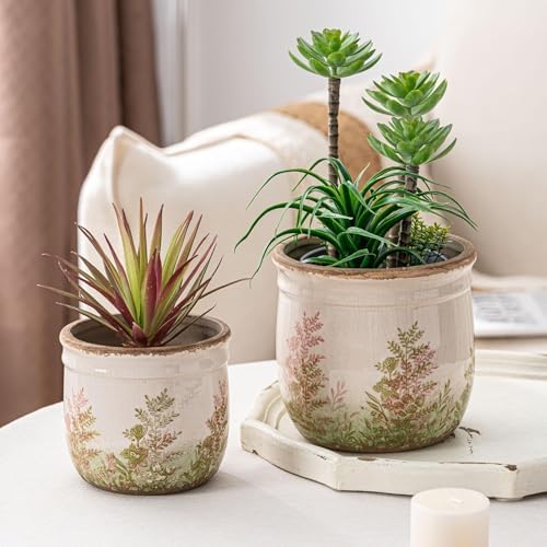 Ceramic Plant Pots Set of 2, 4.7+5.7 Inch Vintage Indoor Planters with Drainage Hole, Farmhouse Ceramic Flower Pots for Indoor Plants, Rustic Cottage Decor for Home Kitchen Garden, Pink - Image 5