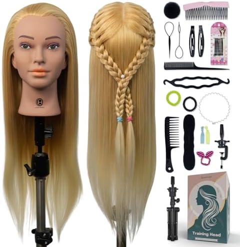 Mannequin Head 24-25inch, Synthetic Fiber Hair Mannequin Head, Beauty And Hairdressing Model Practice Head, with Clip-on Stand Set (Gold) by Unknown