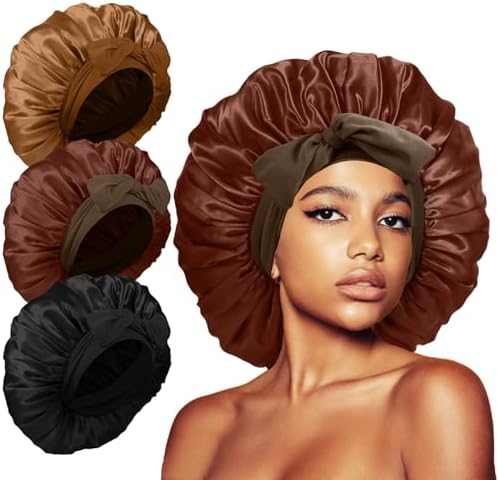 3Pcs Bonnets for Sleeping, Extra Satin Silk Bonnet for Sleeping Women with Tie Band for Curly Hair Jumbo Bonnet Braids by KAFTERI