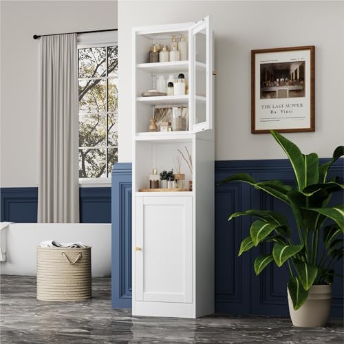 YAUWOH Metal Storage Cabinet with Glass Door, Tall Slim Pantry Organizer with 3 Adjustable Shelves (120LBS/Shelf), Anti-Tipping Waterproof Cabinet for Kitchen/Home Office/Small Spaces,(1PC,White) - Image 5