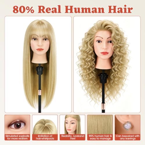 TopDirect 80% Mannequin Head Human Hair,26''Sandy Blonde Real Hair Mannequin Head,Cosmetology Manikin Head Doll Hair Styling Hairdressing Practice Training Wig Head with Clamp Holder and Tools - Image 4