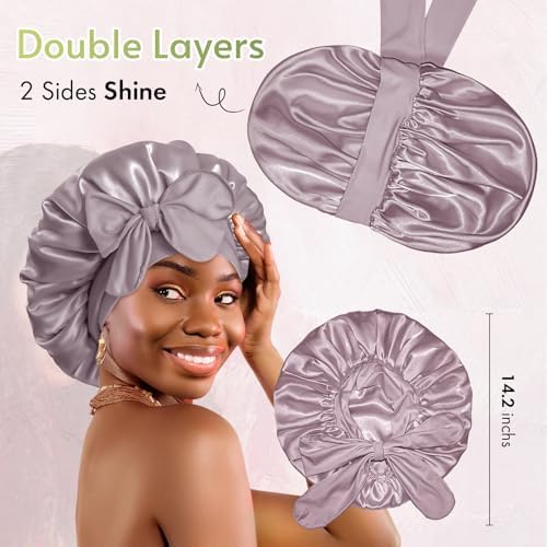 BONNET QUEEN Silk Bonnet for Sleeping Satin Bonnet with Tie Hair Wrap Double Layer Sleep Cap for Women Curly Hair, Grey Purple - Image 3