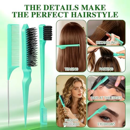 Boar Bristle Slick Back Hair Brush for Smooth Flyaways, Frizz, Sleek Ponytail, Buns and Edge Baby Hair | Edge Brush, Teasing Brush Rat Tail Comb Styling Accessories for Girls, Kids, Women & Men(Green) - Image 5