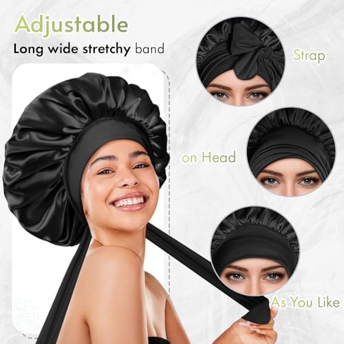 BONNET QUEEN Silk Bonnet for Sleeping Satin Bonnet Hair Bonnet Braid Bonnet Double Layer Tie Bonnet Night Hair Wrap for Women Curly Hair Black - Image 4