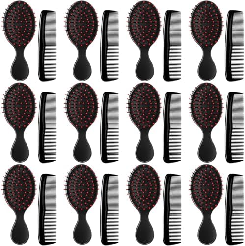 Nuogo 24 Pcs Mini Wet Hair Brush Combs Set Travel Detangling Soft Bristles Wet Dry Kids Hair Brush 12 Detangler Small Brushes 12 Plastic Combs for Baby(Black) by Nuogo