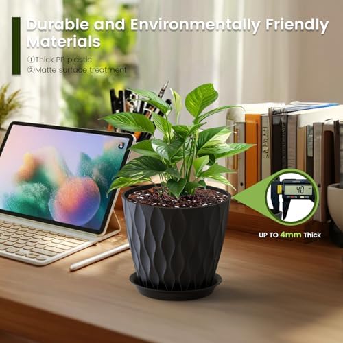 Meowell 7 inch Plant Pots for Indoor Outdoor Plants, 5 Pack Thick Flower Pots with Drainage Holes and Saucers, 3D Modern Wave Texture Plastic Planter Pots for House Plants, Black - Image 4