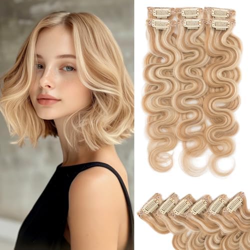 Rich Choices Short Clip In Hair Extensions Real Human Hair-Wave/Curly 6 Pcs Single Clip Hairs Extensions For Women-Mini Clips Hairpieces-12 Inch #12P613 Golden Brown Highlighted Bleach Blonde by RichChoices