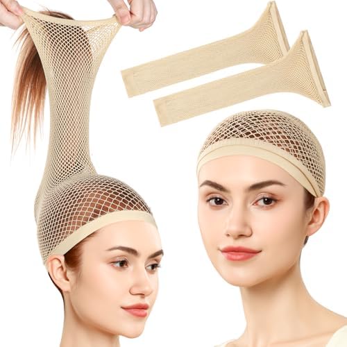Fandamei Wig Cap, Hair Net for Wig, 30 CM Large Mesh Wig Cap for Long Hair for Women, Nylon Hair Net Non Slip for Halloween Rave Party Cosplay-Light Brown 2 PCS by FANDAMEI
