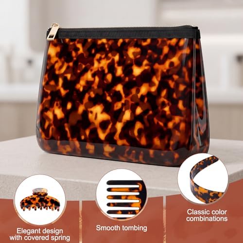Thiccywoov 4 Pcs Tortoise Shell Makeup Bag with Hair Accessories Set for Women, Travel Cosmetic Pouch, Wide Headband, Large Claw Clip, Wide Tooth Comb, Retro Hair Styling Gift Set - Image 3
