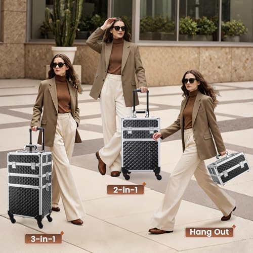 FRENESSA 3 in 1 Rolling Makeup Case Cosmetology Case on Wheel Vintage Black - Image 4