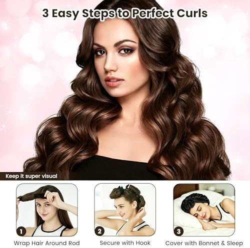 Heatless Curls Overnight, Velvet Heatless Hair Curler Set with Hook Closure – 4 Soft Hair Rollers Blowout Rods + Satin Hair Bonnet for Sleeping, Flexi Rods for Long Hair Women (B - PINK) - Image 7