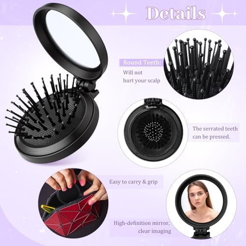 Sliner 24 Pcs Mini Hair Brush with Mirror and Scrunchies, Black - Image 4