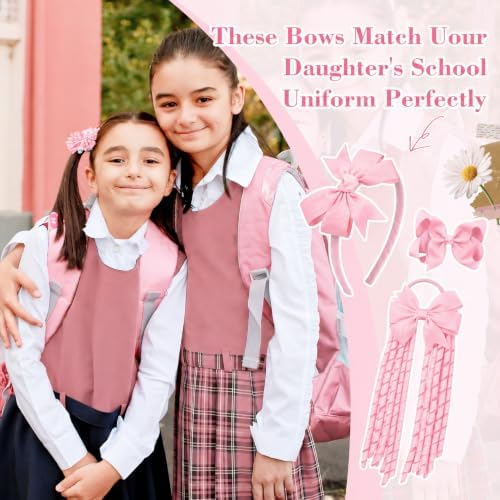 DEEKA Teal School Hair Accessories Set 13 Pcs Uniform Bow Headband Clips Hair Ties Curly Korker Bows for Little Toddler School Girls (Pink) - Image 3