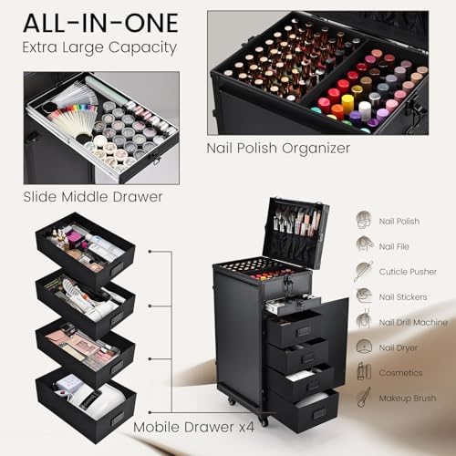 Joligrace Rolling Manicure Table 5 Drawers Makeup Case Foldable Nail Desk - Image 3
