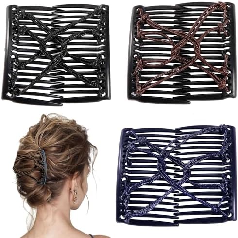 3 Pieces Elastic Magic Hair Comb Stretchy Double Comb Hair Forks Clips for Women Beaded Hairpins Girls Vintage Hairstyle Multipurpose Hair Accessories (Brown Black Navy) by BOYIVI