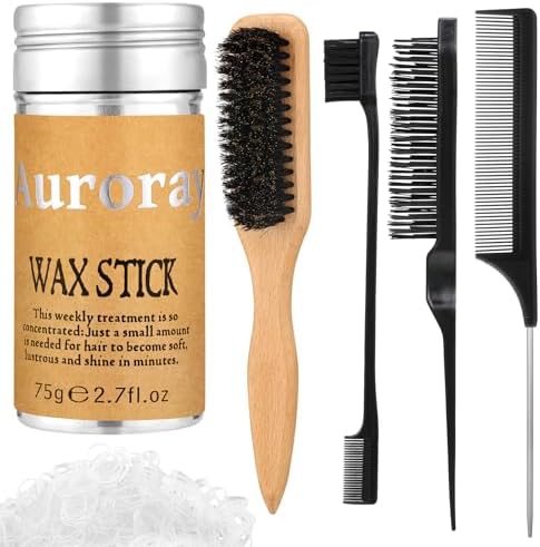 Boar Bristle Slick Back Hair Brush Comb with Wide Boar Bristle Brush,Hair Wax Stick,500PCS Elastic Rubber Bands for Women and Men Sectioning,Parting by auroray