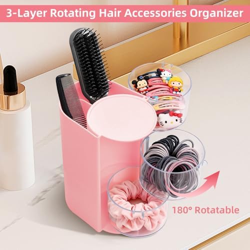 neotidy Hair Accessories Organizer with Hair Brush Holder, Rotating Hair Tie Product Organizer for Girls, 3-Tier Makeup Brush Holder for Clips, Bows & Brushes (Pink, 3-Tier) - Image 6