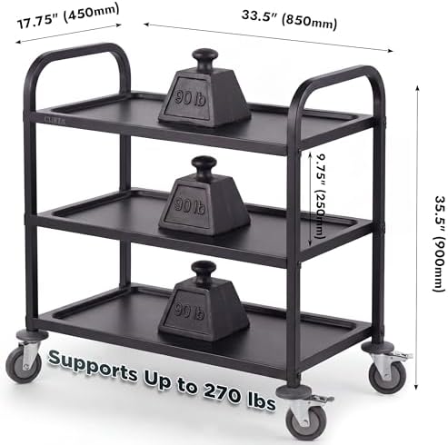 CURTA Black Stainless Steel Serving Cart, 3-Tier Rolling Utility Trolley (34"x18"x36"), Heavy Duty Painted Kitchen Cart on Wheels with Brakes, Commercial Grade for Restaurant, Hotel, Salon & Lab - Image 2